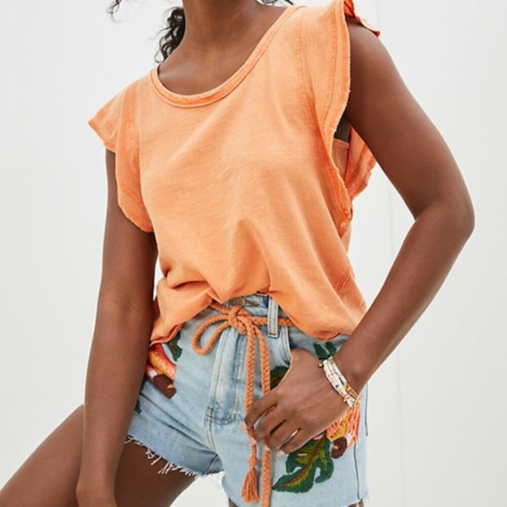 Daily Practice Anthropologie Short Flutter Sleeve Plain Crew Neck Tea Orange Sm
